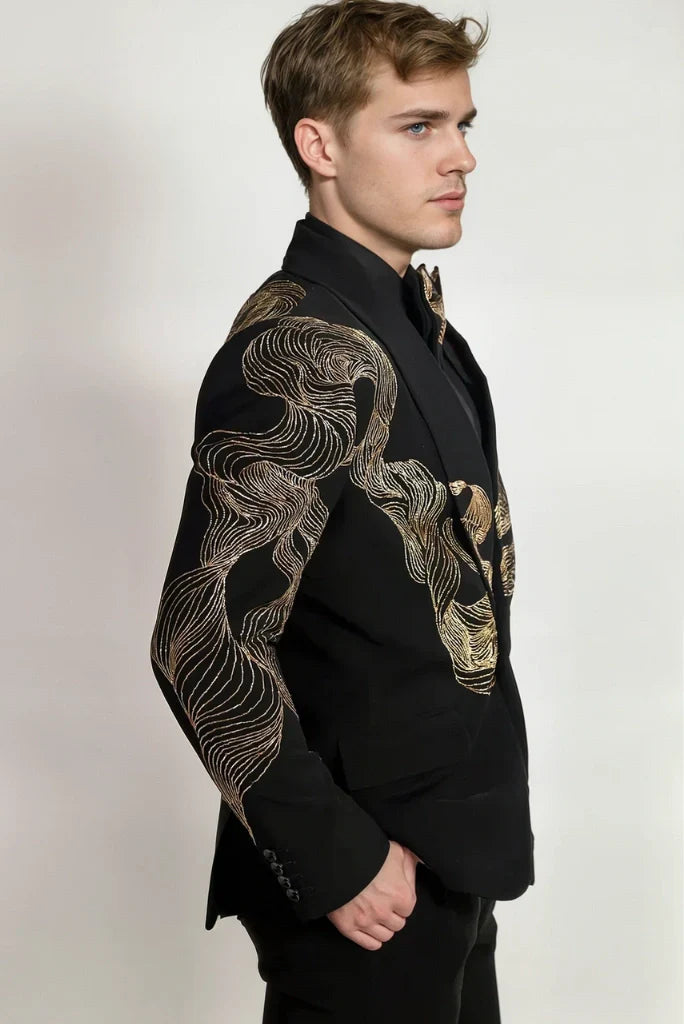 Men Black Tuxedo Gold Cord Work Embroidery Suit Elegant Two Piece Suit Groom Wedding Suit Reception Suit Dinner Party Wear Suit