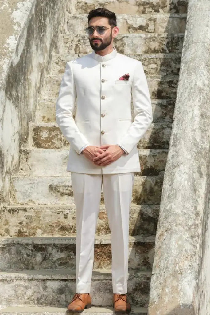 Mens White Royal Bandhgala Suit Indian Wedding Function Suit Groomsmen Suits White Maharaja Suit For Him