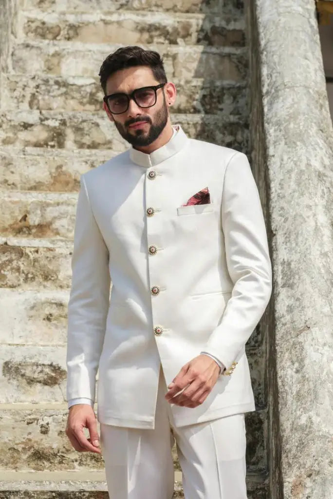 Mens White Royal Bandhgala Suit Indian Wedding Function Suit Groomsmen Suits White Maharaja Suit For Him