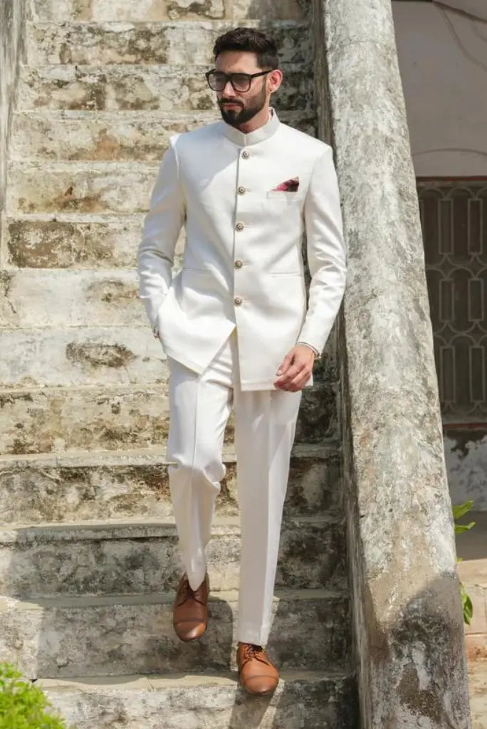 Mens White Royal Bandhgala Suit Indian Wedding Function Suit Groomsmen Suits White Maharaja Suit For Him
