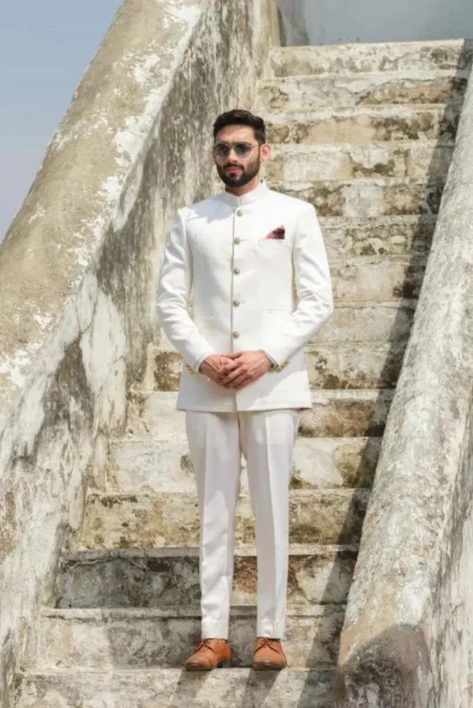 Mens White Royal Bandhgala Suit Indian Wedding Function Suit Groomsmen Suits White Maharaja Suit For Him
