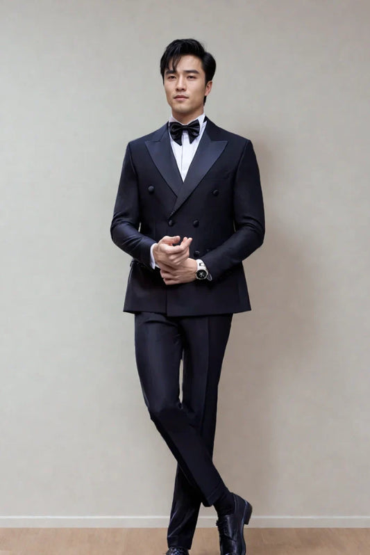 Mens Navy Blue Double Breasted Tuxedo Two Piece Suits Designer Elegant Partywear Suits Anniversary Prom Suits