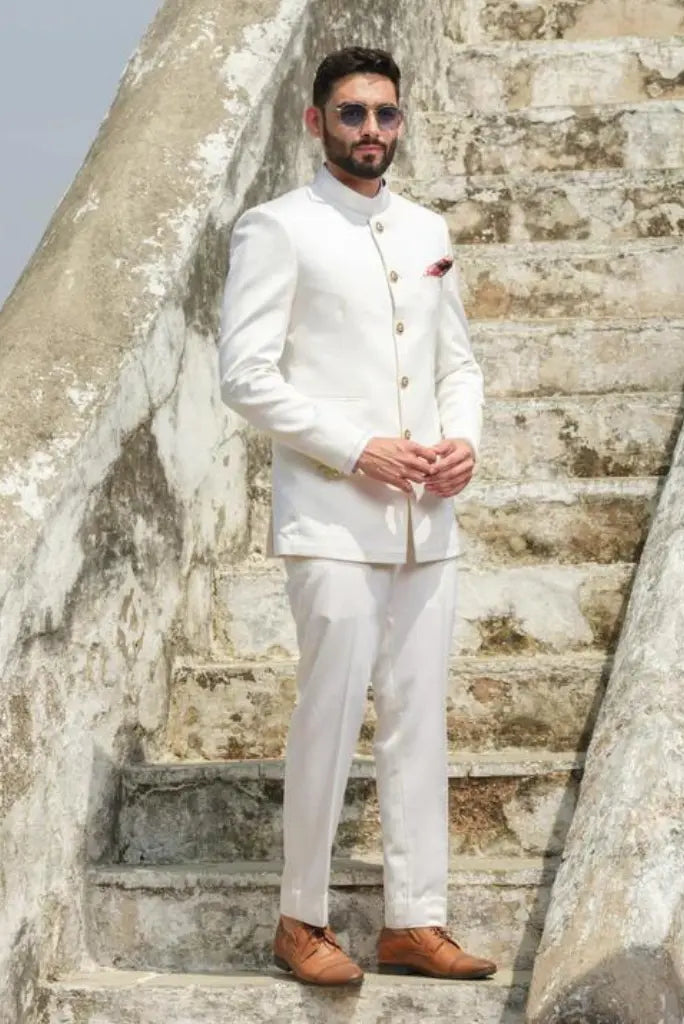 Mens White Royal  Bandhgala Suit Indian Wedding Function Suit Groomsmen Suits White Maharaja Suit For Him