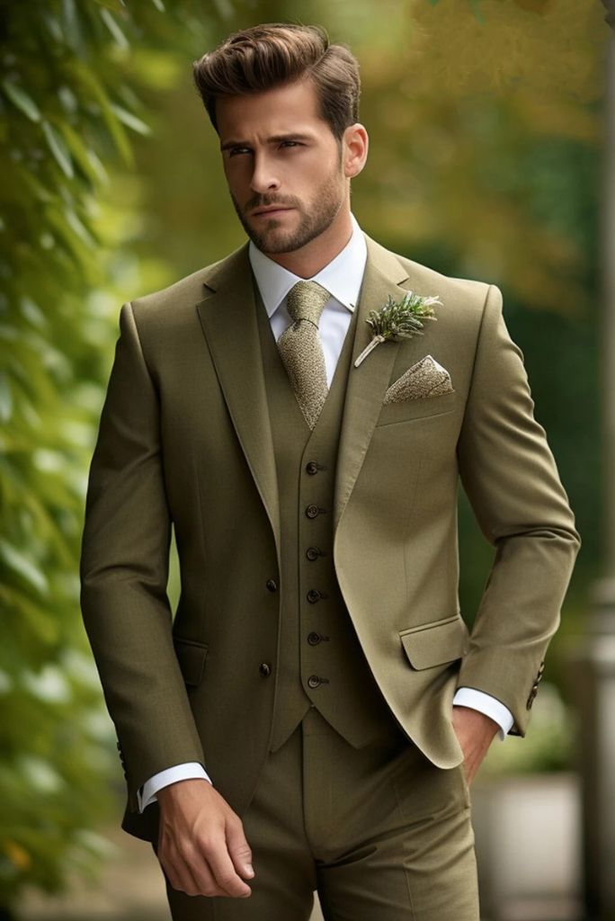 Premium Yellowish Green Suit Three Piece Formal Slim Fit Suit Wedding Groomsmen Wear Elegant Bespoke Mens Wear Classic Suit For Him