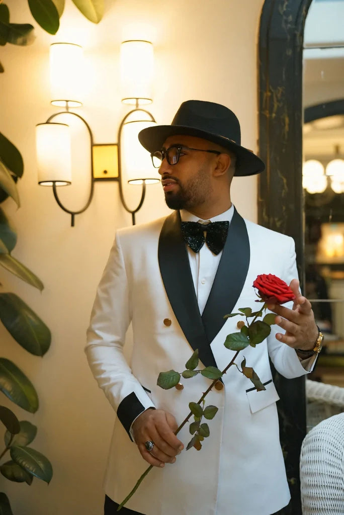 Men's White Double Breasted Tuxedo Two Piece Suit For Wedding Engagement Groom Prom Dinner Party Wear