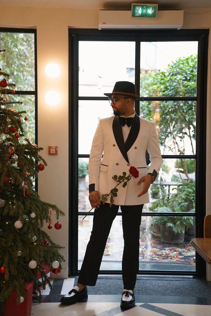 Men's White Double Breasted Tuxedo Two Piece Suit For Wedding Engagement Groom Prom Dinner Party Wear