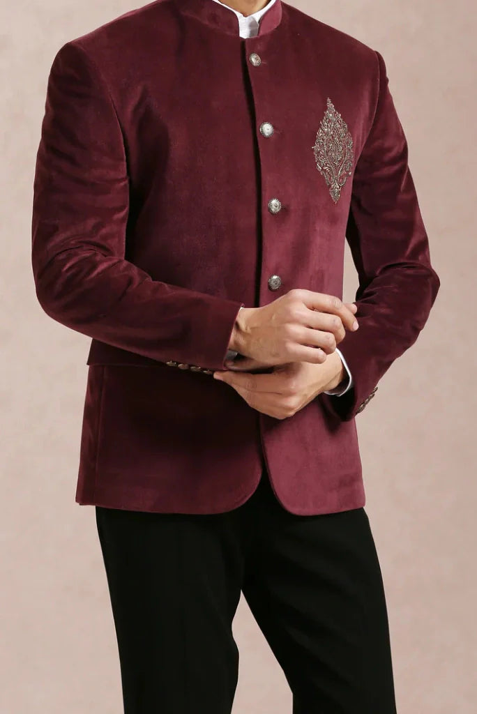 Men's Wine Velvet Embroidery Groom Jodhpuri Suit For Special Weddings Wear Suits & Any Occasions