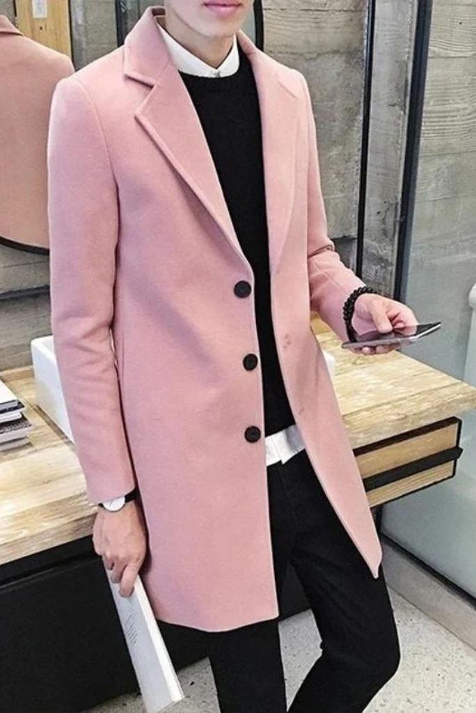 Mens Jacket Trench Long Coat Casual Fashion Double Breast Coat Luxury Pink Tweed Long Overcoat Long Jackets