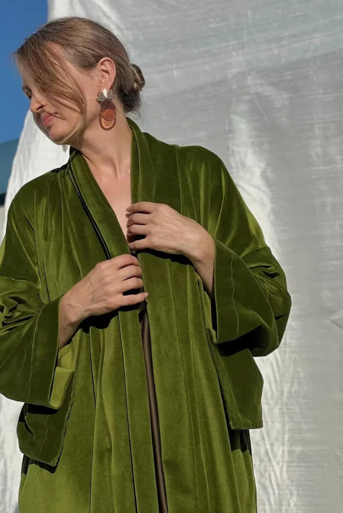 Women Green Velvet Kimono, Elegant Velvet Kimono for Winter