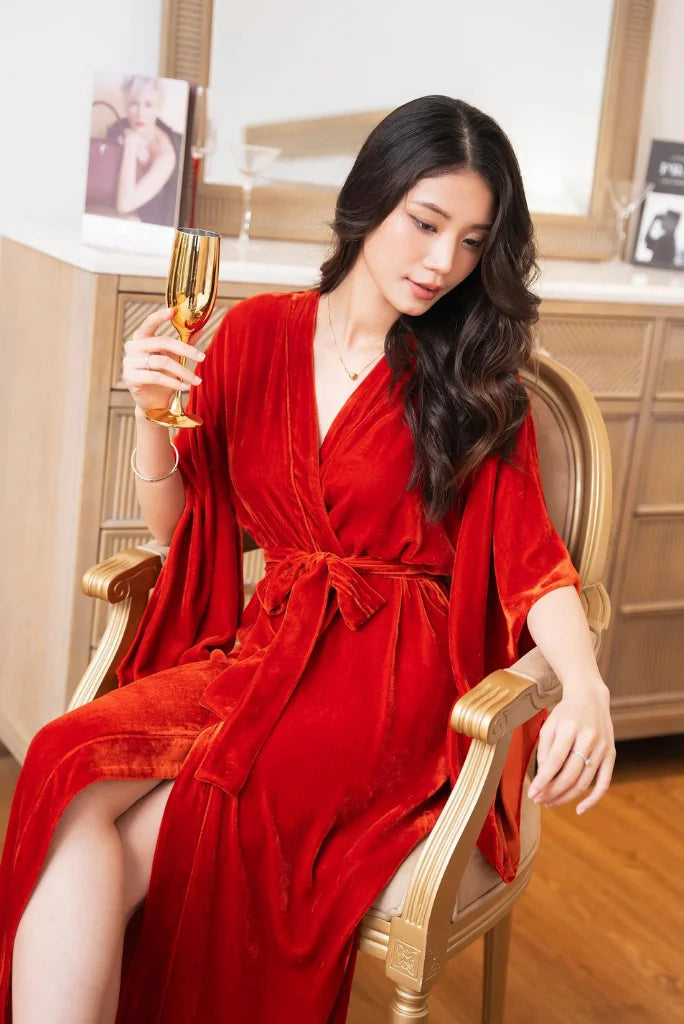 Red Velvet Full Length Kimono for Women, Stylish Kimono for Brides