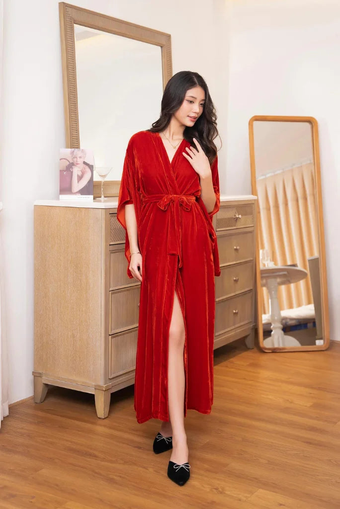 Red Velvet Full Length Kimono for Women, Stylish Kimono for Brides